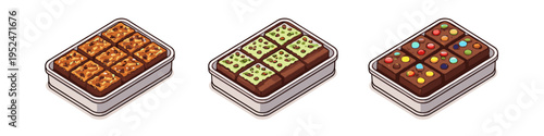 Three trays of assorted freshly baked brownies with different toppings in isometric view