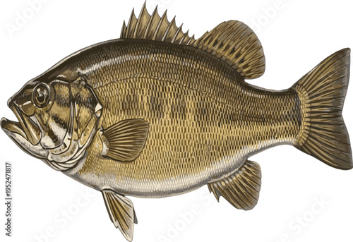 Smallmouth Bass Fish with Mottled Pattern Swimming on White Background freshwater fish