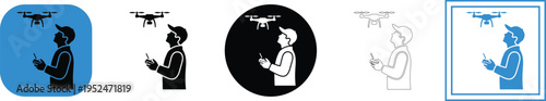 Various vector illustrations of a man operating a drone with remote control