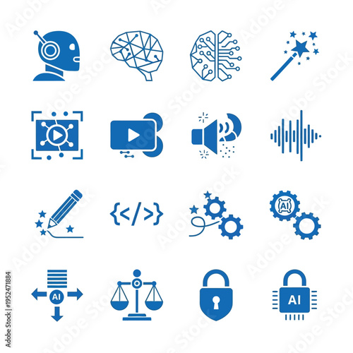 A collection of blue icons related to artificial intelligence