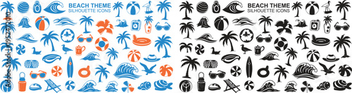 A vibrant collection of tropical icons and symbols in blue orange and black hues on a white background for design use