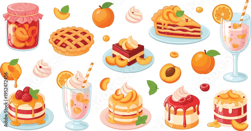 Apricot Dessert Set with Cakes, Pie, Jam, Juice and Sweet Treats Illustration for Bakery Menu, Summer Food Design, Pastry Collection and Fruit Dessert Concept
