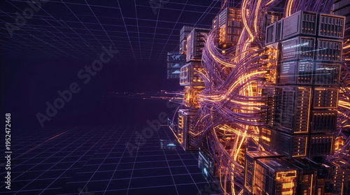 Dense network of glowing tech abstractions on the right with clean dark purple negative space on the left. Ideal for IT presentations and big data analytics.