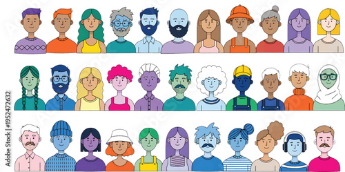 Abstract avatars set. Colored faces characters. Diverse people, head portraits. Happy smiling men and women, drawn user profiles in modern style. Flat vector illustration