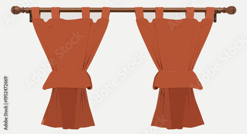 Two orange curtain panels tied back, hanging from a wooden rod with decorative finials against a white background.