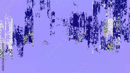 Abstract digital glitch effect on purple background with colorful pixel distortions. Artistic animation of vertical glitch with RGB color shift and digital noise.