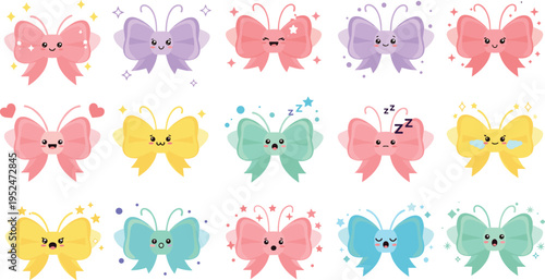 Cute Kawaii Bow Icon Set with Different Emotions and Expressions in Pastel Colors for Kids Design, Fashion Decoration, Stickers and Cartoon Collection