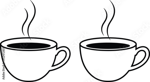 A vector illustration of a hot cup of coffee with steam and a cup of tea, featuring a brown caffeine beverage icon design for a cafe breakfast or mocha break