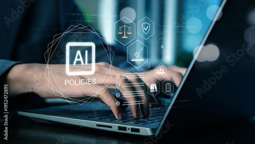 AI governance and policy compliance concept with business professional using laptop, showing legal regulation, data protection, automation, and digital risk management interface for corporate security