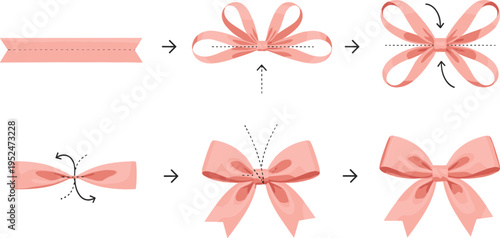 Step by Step Ribbon Bow Tying Tutorial Illustration with Folding and Looping Process for Gift Wrapping, Craft Design, DIY Decoration and Instructional Guide