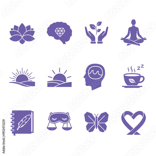 A collection of purple icons representing mental health and wellness