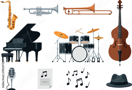 Collection of musical instruments and jazz accessories, including a saxophone, trumpet, trombone, piano, drums, double bass, microphone, sheet music, and fedora hat