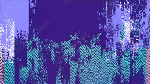 Abstract data distortion effect in blue, purple and pink tones. Modern aesthetics of glitch with multicolor digital artifacts.