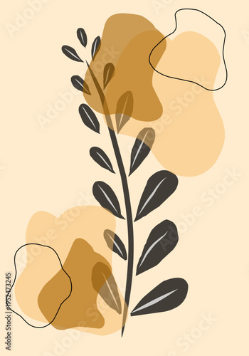 Minimalist Botanical Illustration with Dark Leaves and Organic Shapes.