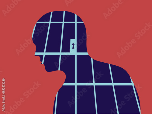 A flat vector graphic of a person’s profile composed of geometric shapes and intersecting lines resembling prison bars, with a minimal door detail. 