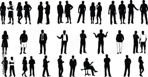 Black silhouettes of a business team and a family group including a man, woman, and boy standing in outline poses