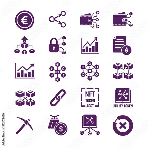 Collection of cryptocurrency and blockchain related icons