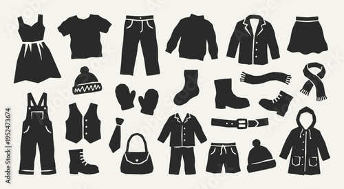 Clothing silhouette collection. Black icons set - dress, pants, blazer, socks, boots, shoes, scarf, overalls, vest, handbag, suit ,shorts, belt, coat. Vector linocut style minimalist design elements.