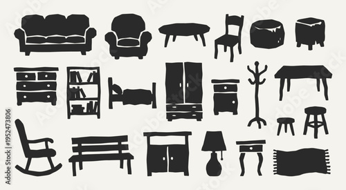Furniture silhouette collection. Black icons set - armchair, table, stool, bench, bed, wardrobe, cabinet, dresser, bookshelf, pouf desk, rocking seat. Vector linocut style minimalist design elements.
