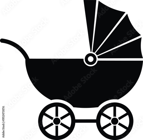 A simple black silhouette of a baby stroller or pram with wheels and a hood