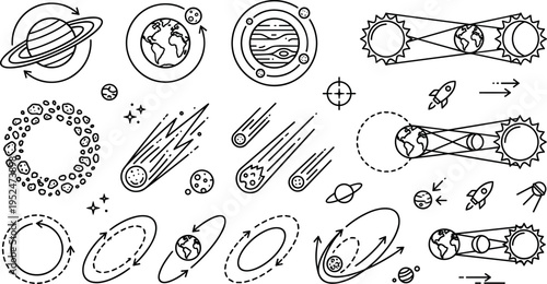 Space Orbit and Asteroid Line Icons Set with Planets, Comets, Trajectories and Cosmic Motion Diagrams