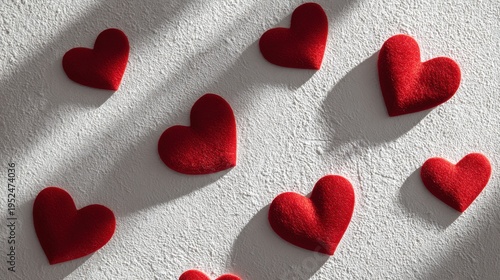 Red Heart Shapes Scattered Across a Bright White Surface