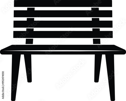 A simple black wooden bench with a slatted backrest and four legs on a white background