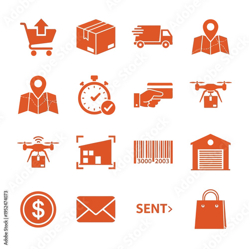 Ecommerce and delivery icons in orange on white background