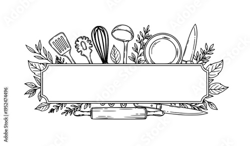 Black and White Cooking Utensils Vector Illustration with Botanical Banner Frame for Menus and Social Media
