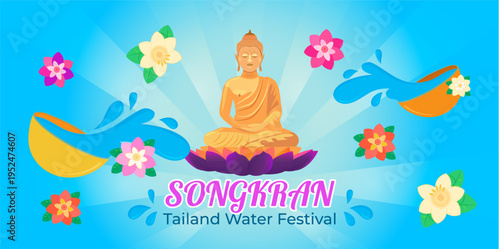 Songkran Thailand Water Festival Banner with Golden Buddha, Lotus Flowers and Water Splash, Bright Vector Illustration