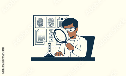 A forensic scientist examines evidence with a magnifying glass and laboratory equipment nearby high quality