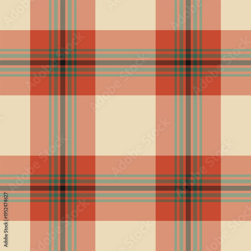 Trim check vector pattern, variation tartan seamless fabric. 1960s plaid background texture textile in orange and red colors.
