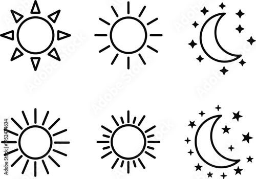 A set of six celestial body icons featuring suns and moons with stars