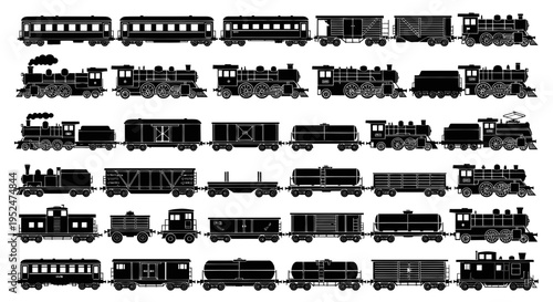 Vintage Train Collection: Steam Locomotives and Wagons Silhouette Set