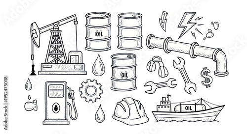 Oil Industry Doodle Elements: Pumpjack, Barrels, Pipeline, Ship, Gas Pump, Tools