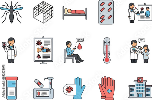 Medical and Healthcare Icons Representing Diseases, Treatments, and Health Professionals
