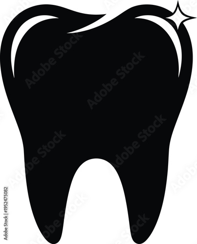 A black silhouette of a molar tooth with a shiny surface and a starburst effect on the upper right side