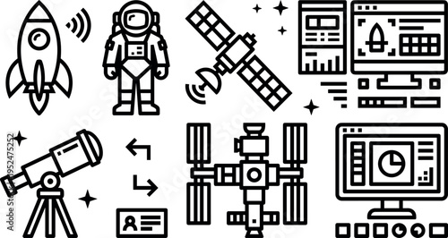 Space Technology Line Icons Set with Astronaut, Rocket, Satellite, Telescope and Mission Control