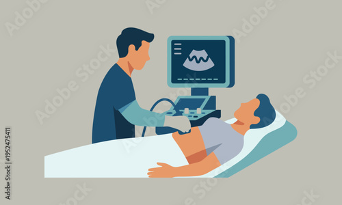 A doctor performs an ultrasound examination on a pregnant woman lying on a medical bed