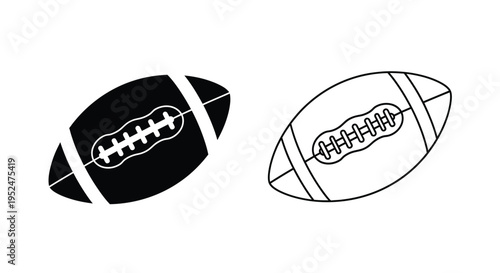 Two american footballs depicted in contrasting black and white line art