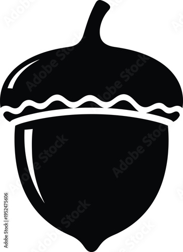A black and white illustration of an acorn with a distinctive cap and stem