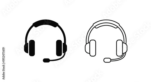 Black and white illustration of two headsets with attached microphones