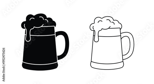 Two black and white illustrations of overflowing beer mugs with foam