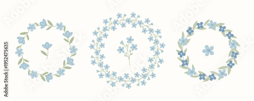 Collection of elegant floral wreaths and small bouquets featuring blue forget me not flowers. Delicate botanical frames for spring wedding invitations, greeting cards, organic labels and nursery decor