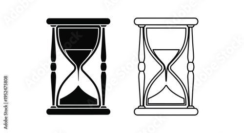 Two hourglasses one filled and one emptying in a black and white design
