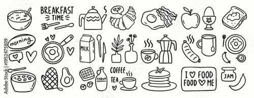 Breakfast doodle set of chalk style food and coffee icons for cafe menu, invitations, Italian brunch, cute croissant, cup, eggs, minimal vector