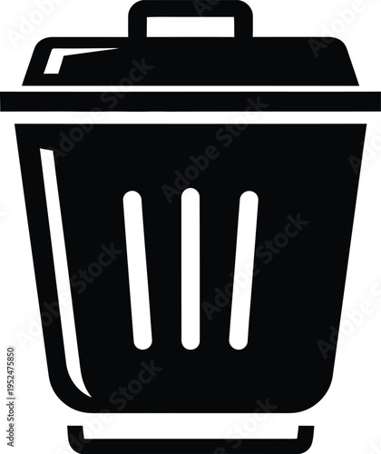 A black and white icon of a trash can with a lid and handle