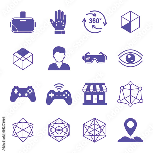 Collection of purple icons related to virtual and augmented reality