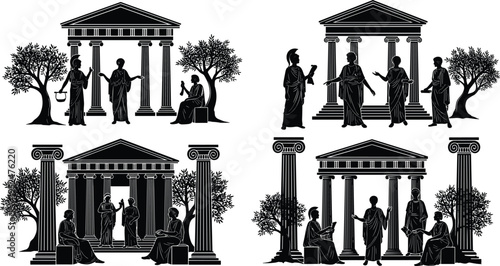 Ancient Greek philosophy illustration set, temple architecture scholar artwork, classical education vector design concept