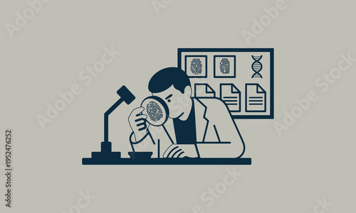 A forensic scientist examines evidence with a magnifying glass analyzing fingerprints and dna samples
